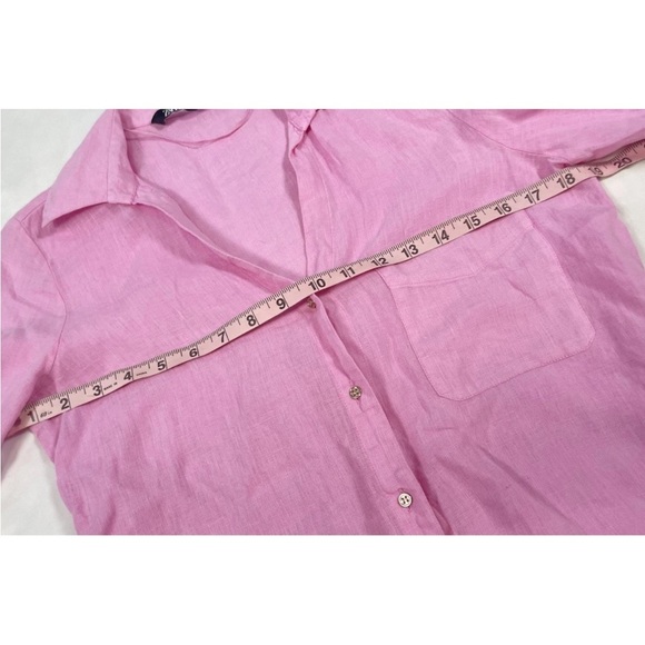 Zara Womens Small 100% Linen Pink Gold Long Sleeve Button Up Shirt Summer Beach - Picture 11 of 16